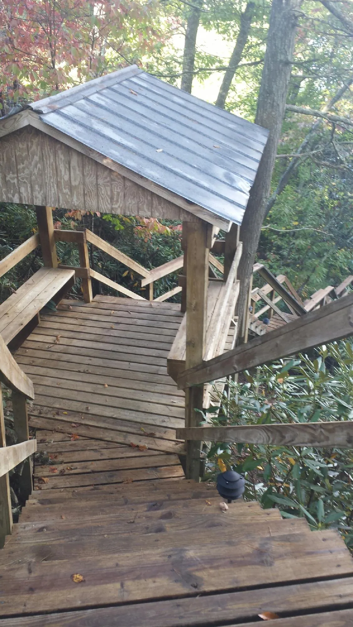 Metal roofed shelter over wooden steps on a wooded walkway — Skylight Repair & Installation work by our crew in Raeford